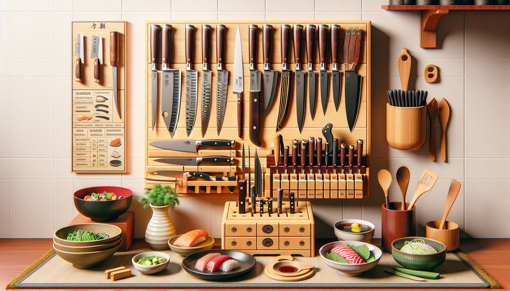 A visual display of Asian knife sets: these are sharp tools for use in the kitchen. Picture diverse varieties of knives, like a Yanagiba for slicing sushi and sashimi, a Deba for filleting fish, or a
