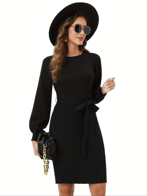 Strickkleid mit Taillenband und langen Ärmeln | deutsch inspirierter Chic