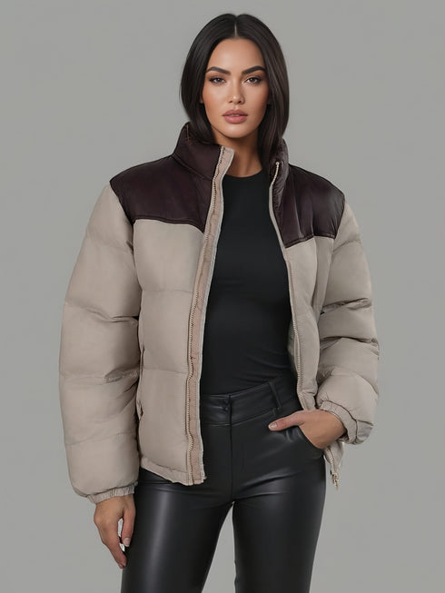 DAMEN KUNSTLEDER WINTERJACKE | ÜBERGROßE FARBBLOCK-JACKE MIT REISSVERSCHLUSS