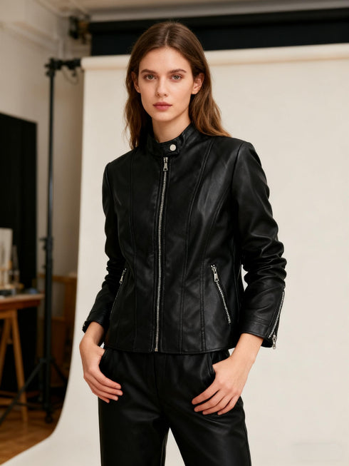 Damen Slim-Fit Bikerjacke Schwarz | Kurze Motorradjacke mit Reißverschluss & Kragen