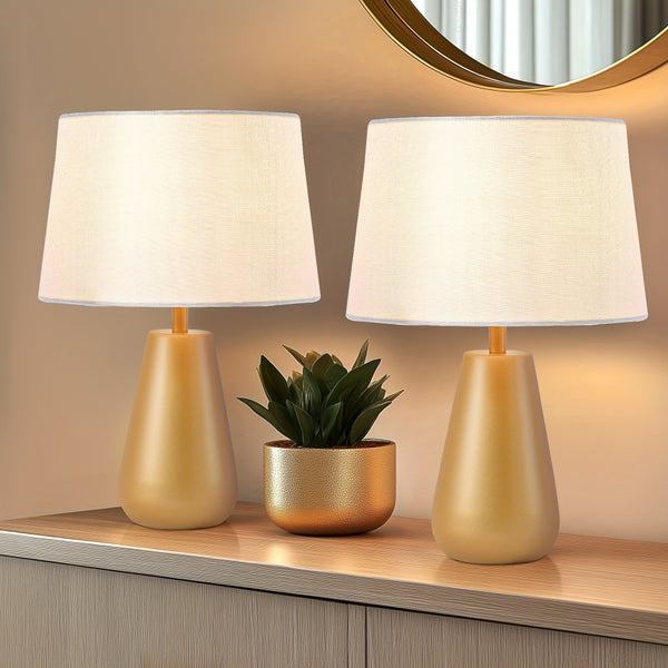 2-er Set Leinen Tischlampe mit goldfarbener Fassung