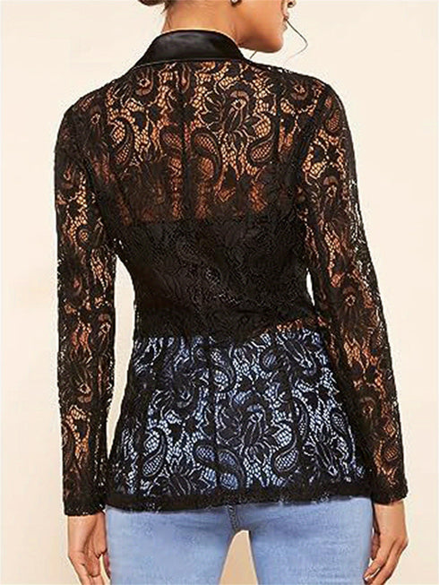 Damen Spitzenbluse Transparent | Langarm & Floral Durchsichtig