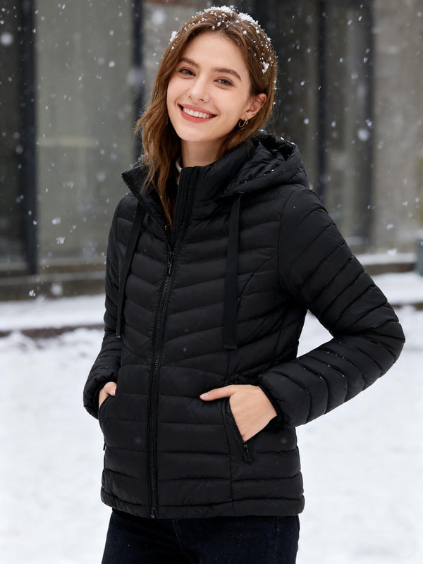 Leichte Damen-Daunenjacke mit Kapuze | Schwarz winddicht & gefüttert