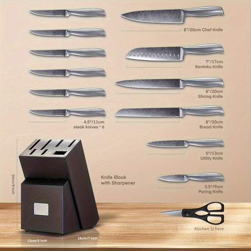 14-teiliges Profi Küchenmesser-Set aus Edelstahl mit Messerblock & Schärfer – Takoni
