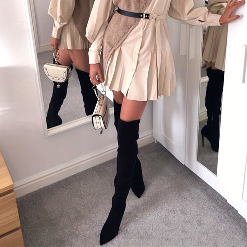 Damen Überknee Stiletto Stiefel mit Spitzem Zeh und Reißverschluss