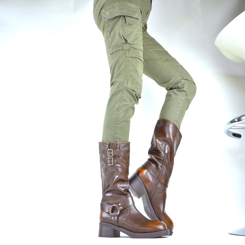 ELEGANTE PUNK-GOTHIC DAMENSTIEFEL MIT PLATEAU - KLASSISCHE BIKER BOOTS IM BLOCKABSATZ