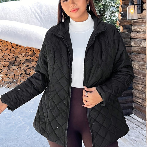 Damen Jacke Plus Size Gesteppte - Warme Schwarze Jacke mit Reißverschluss