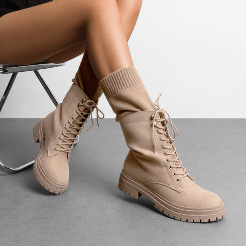 Damen Vintage-inspirierte Mid-Calf Plateau-Stiefel mit Schnürdesign und Blockabsatz