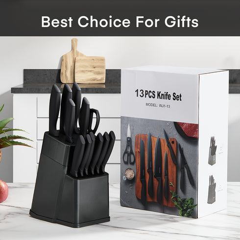 13-teiliges Messerblock-Set | BO-Oxidation Edelstahl | Selbstschärfer & Soft-Grip matte Grau Griffe