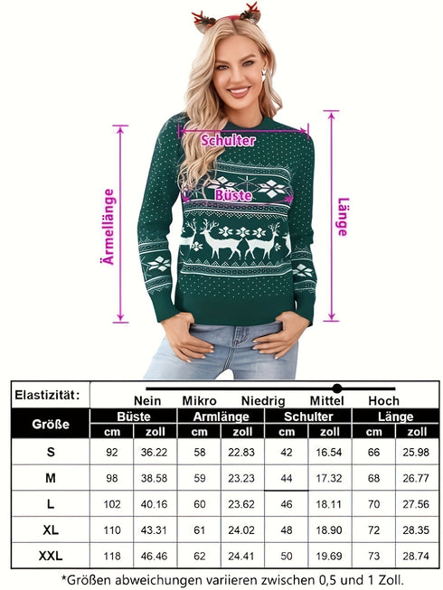 Damen Weihnachts-Pullover – Bequemer Langarm mit Rentier & Schneeflocken