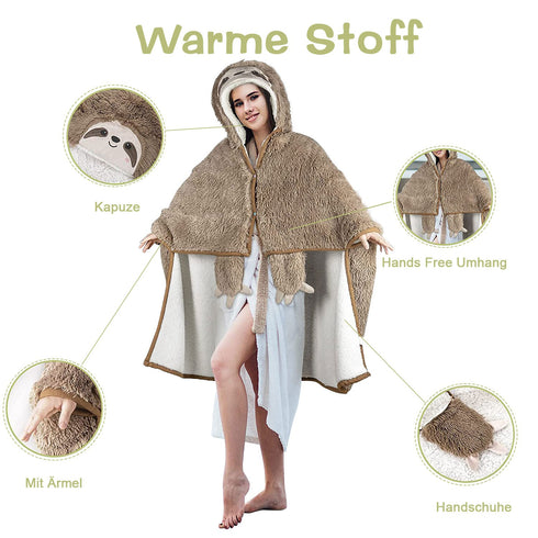 Flauschige Faultier-Kapuzendecke | mit Fleece und Handschuhen