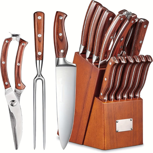 Shiraki Allzweck Küchenmesser Set 16-teilig | Holzgriff & Block