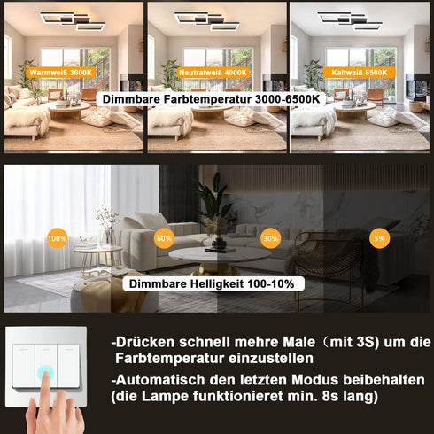 GlowDeck LED Deckenlampe Dimmbar 48W – Moderne quadratische Deckenleuchte mit Fernbedienung für Wohnzimmer, Schlafzimmer, Küche und Esszimmer – Metall Schwarz/Weiß