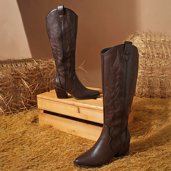 DAMEN-WESTERNSTIEFEL I BEQUEME PLATEAUSOHLE, SPITZKAPPE & BESTICKTES DESIGN