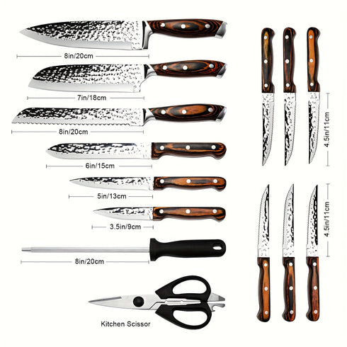 Yūjin 15-teiliges Damaszener-Optik Messerset | 304 Edelstahl & Messerblock mit Schärfer | Shiraki