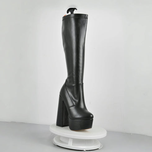 Serafina Damen Stretch-Stiefel mit Blockabsatz und Reißverschluss