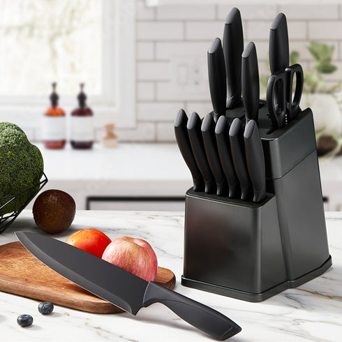 13-teiliges Messerblock-Set | BO-Oxidation Edelstahl | Selbstschärfer & Soft-Grip matte Grau Griffe