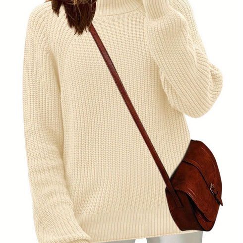 Damen Rollkragen-Strickpullover Grobstrick Oversize-Pullover mit langen Ärmeln