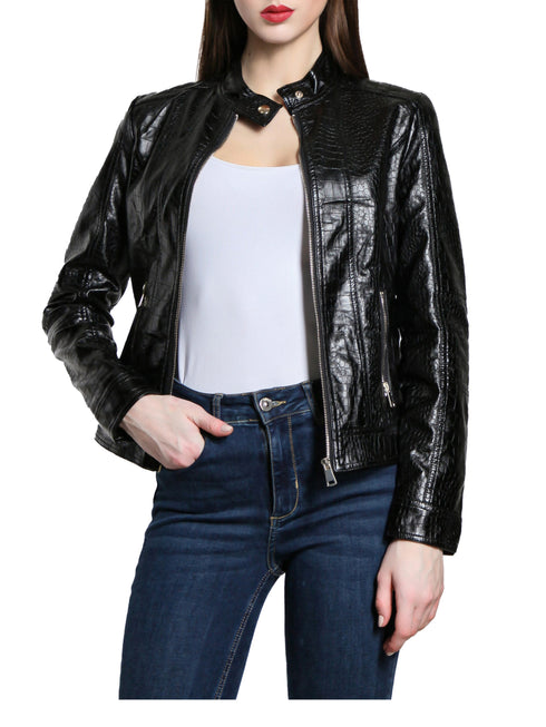 KURZE DAMEN-LEDERJACKE KOREANISCHEM STEHKRAGEN