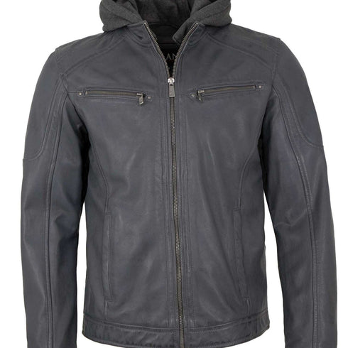 Rhegor Herren Lammlederjacke mit Kapuze – grau warm & stilvoll