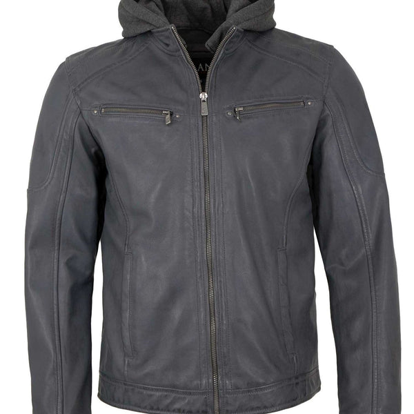 Rhegor Herren Lammlederjacke mit Kapuze – grau warm & stilvoll