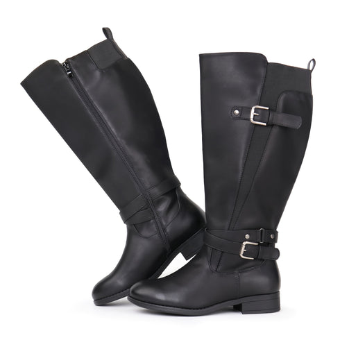 Damen-Reitstiefel - Kniehohe Stiefel mit niedrigem Absatz Gehstiefel | Kunstleder-Stiefel