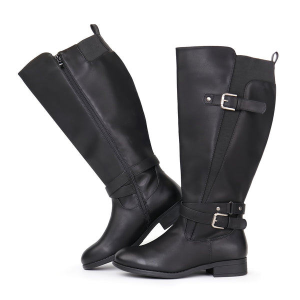 Damen-Reitstiefel - Kniehohe Stiefel mit niedrigem Absatz Gehstiefel | Kunstleder-Stiefel
