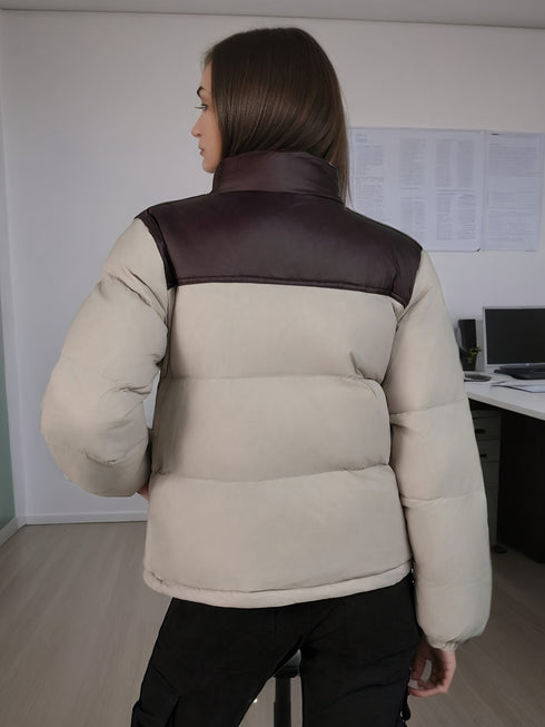 DAMEN KUNSTLEDER WINTERJACKE | ÜBERGROßE FARBBLOCK-JACKE MIT REISSVERSCHLUSS