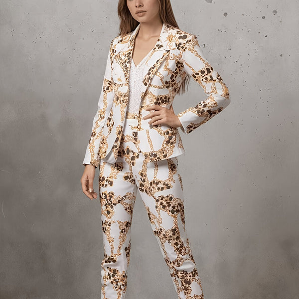 Leopard-Chain Print Damen Anzugset | Doppelreihiger Blazer & Hose