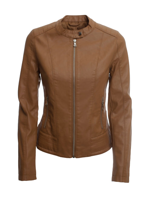 KURZE DAMEN-LEDERJACKE KOREANISCHEM STEHKRAGEN