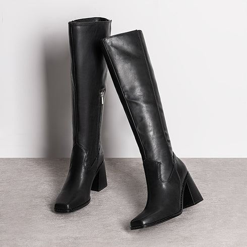 DAMEN-KNIESTIEFEL IN SCHWARZ MIT BLOCKABSATZ I STYLISCHE WINTERSTIEFEL