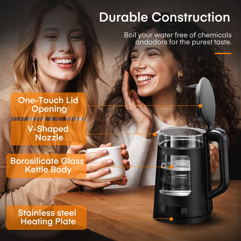 1,7L Glas Wasserkocher | 2200W, 5 Temperaturstufen Warmhaltefunktion Schnellkochend