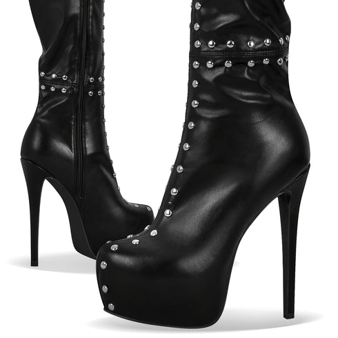 Damen Plateau Overknee Stiefel mit Stiletto-Absatz und Nieten – Trendige High Heel Langschaft-Boots