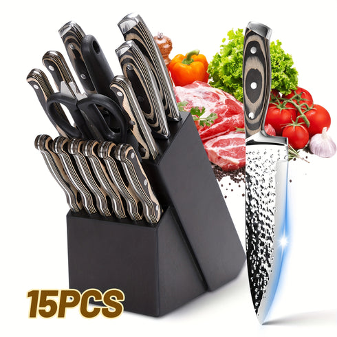 Yūjin 15-teiliges Damaszener-Optik Messerset | 304 Edelstahl & Messerblock mit Schärfer | Shiraki