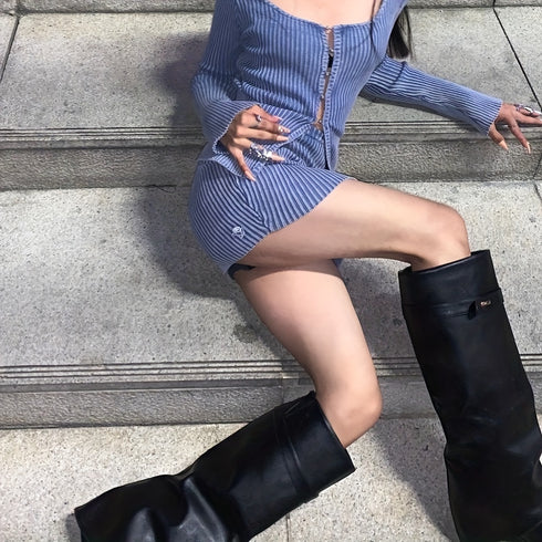 DAMEN LANGSCHAFT STIEFEL MIT KEILABSATZ – KNIEHOHE SLIP-ON STIEFEL