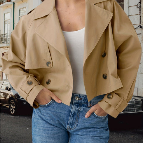 Cropped Damen Trenchcoat – kurzer Mantel mit Revers & Doppelreihe