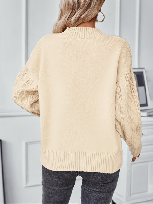 Damen Pullover V-Ausschnitt mit Zopfstrick - Langarm Strickjacke