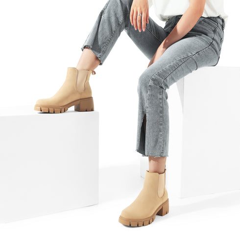 Damen-Slip-On-Stiefel mit klobigem Plateauabsatz | Runde Zehenpartie