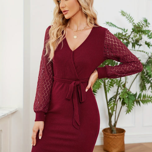 Spitzen-Bodycon WinterKleid mit V-Ausschnitt & langen Ärmeln