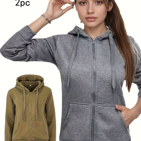 2er Set Damen Kapuzen-Sweatshirts mit Reißverschluss – Uni-Hoodies mit Kordelzug