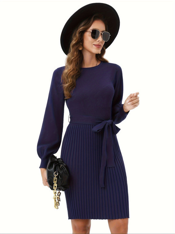 Elegantes Langarm WinterKleid Damen | Rundhals mit Taillengürtel (Tie Waist)