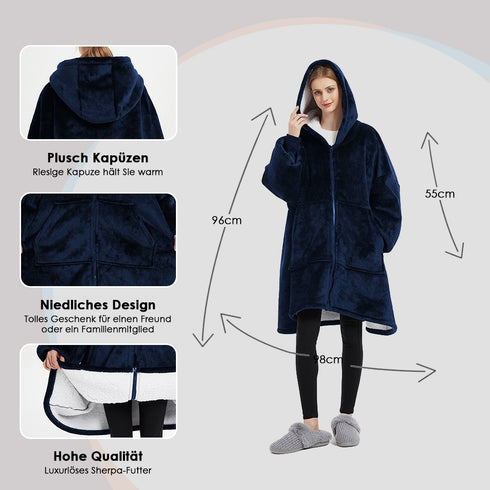 Übergroße Kapuzendecke mit Ärmeln und Reißverschluss | kuschelige Kapuzendecke