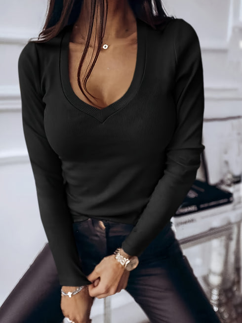 DAMEN PULLOVER – DEEP V-AUSSCHNITT LANGARM-SHIRTS SLIM FIT RIPPSTRICK