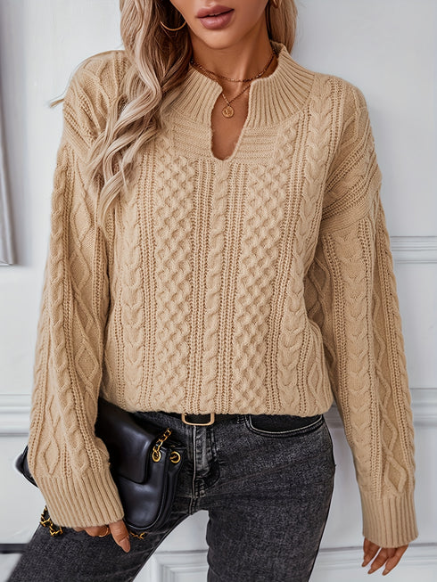 Damen Pullover V-Ausschnitt mit Zopfstrick - Langarm Strickjacke