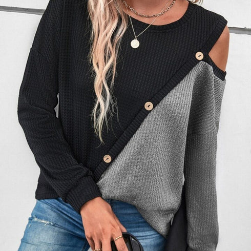 Off-Shoulder-Pullover mit Farbblockdesign für Damen | Langarm-Sweatshirt