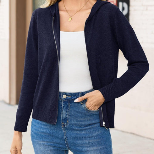 Damen Zip-Up Hoodie | Leichte Strickjacke mit Kapuz Langarm Sweatshirt