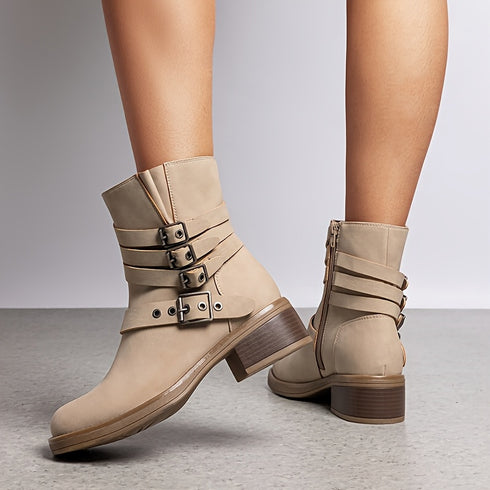 KOMFORTABLE DAMEN KNÖCHELSTIEFEL MIT REISSVERSCHLUSS UND BLOCKABSATZ