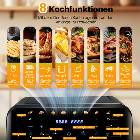 Heißluftfritteuse 6,2 L Doppelkorb | 8 Touch-Menüs ölfrei und leicht zu reinigen