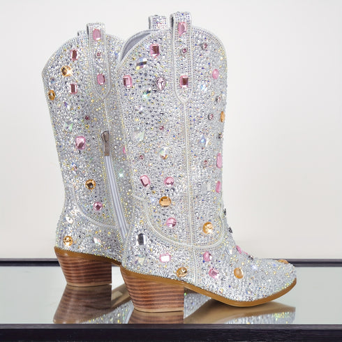 FUNKELNDE DAMEN COWBOY-STIEFEL MIT GUMMISOHLE - GLAMOURÖSE HIGH-HEEL-STIEFEL