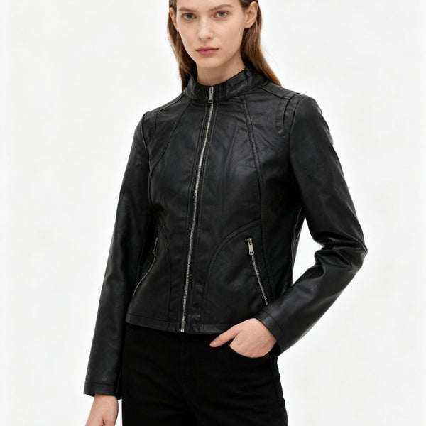 Schwarze Damen Lederjacke mit Stehkragen & goldenem Reißverschluss